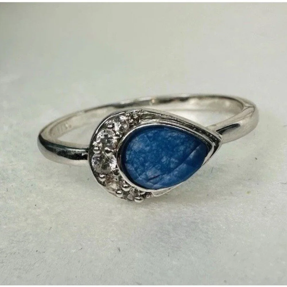 Bomb Party Blue Ring Lot 2 Size 9 Teardrop Round Rhodium Plated CZ Rings